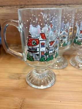 Vintage Set of 4 Libbey Holiday Winter Villiage Footed Glass Mugs